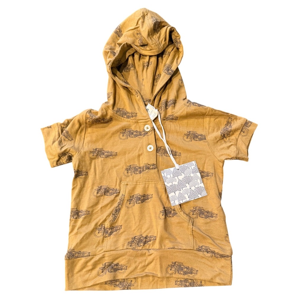 Kate Quinn Kids Mustard Yellow Vintage Motorcycle Print Hooded Henley 12-18M NWT